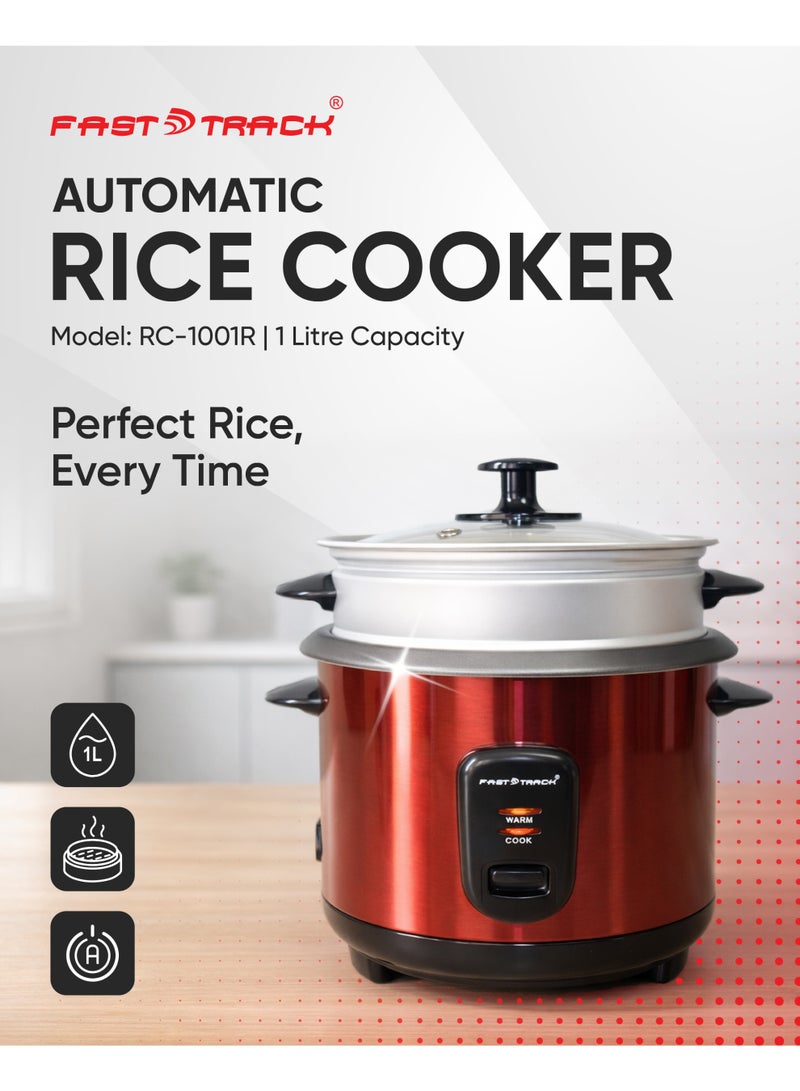 فاست تراك طباخ أرز أوتوماتيكي 1 لتر | طهي وتبخير + إبقاء دافئ | 400 واط | قدر غير لاصق | أحمر - Image 1